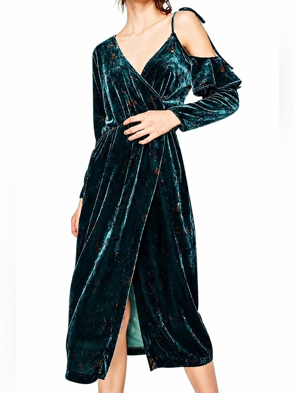 Zara Trafaluc Collection NWT forest green velvet floral midi dress, small